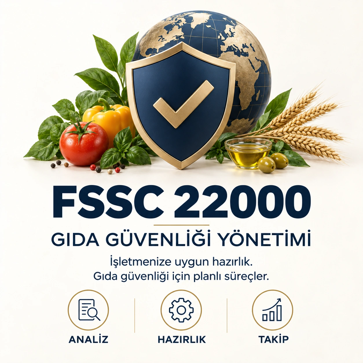 FSSC 22000 Gıda Güvenliği Yönetimi danışmanlık tanıtımı; lacivert ve altın kalkan, dünya ve gıda ürünleri